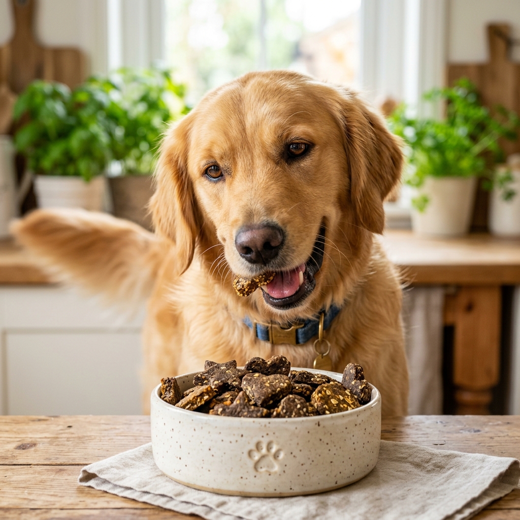 Dog looking at treats